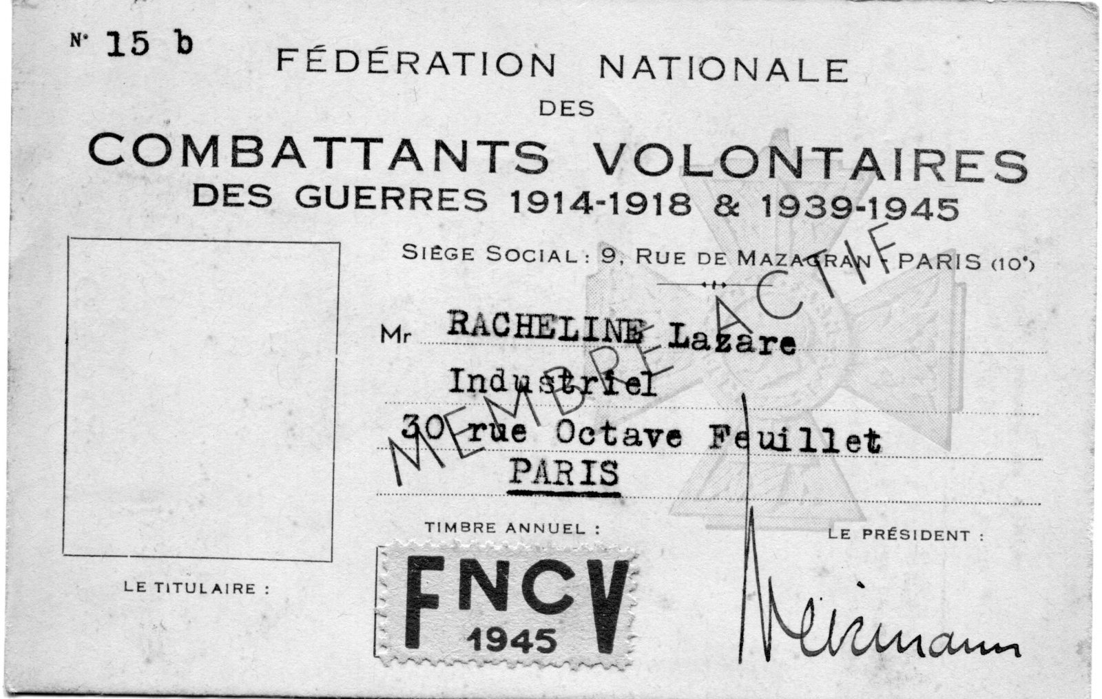 Scan original de Reconnaissance - Carte de combattant volontaire de Lazare Rachline