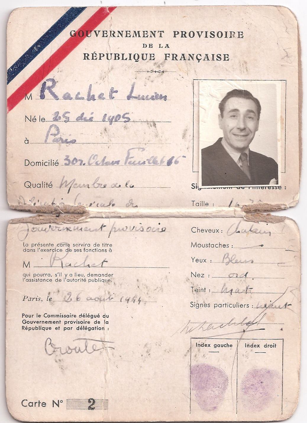 Scan original de Carte identité de Lazare Rachline du 26 août 1944