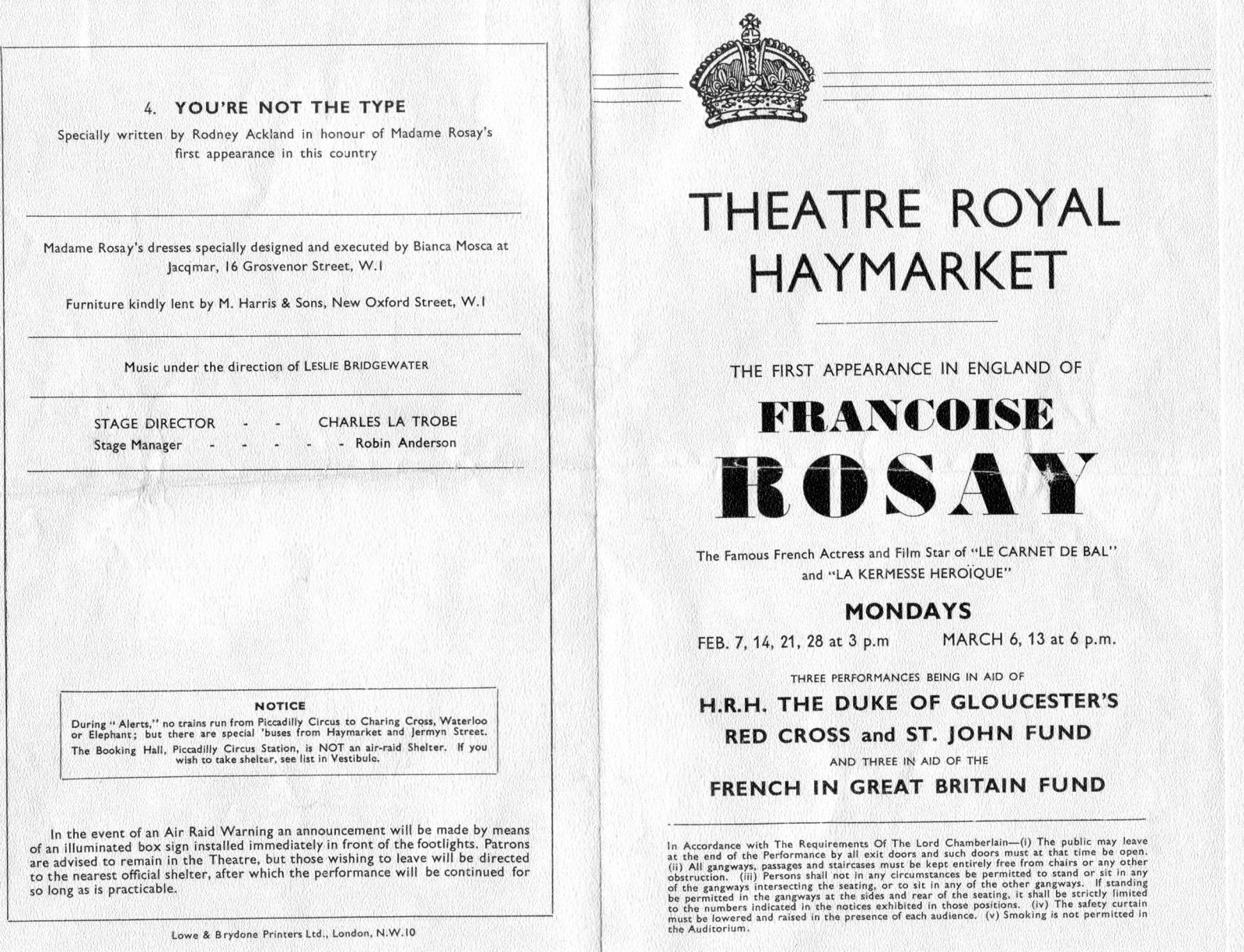 Scan original de Programme - Françoise Rosay au Théâtre Royal Haymarket