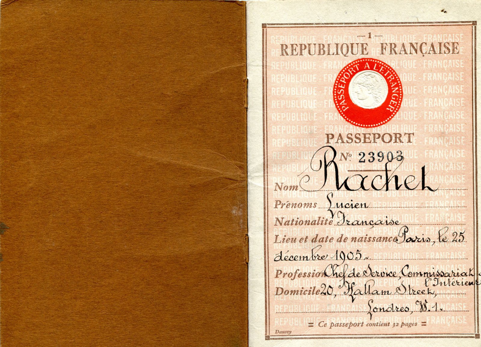 Scan original de Passeport français de Lazare Rachline