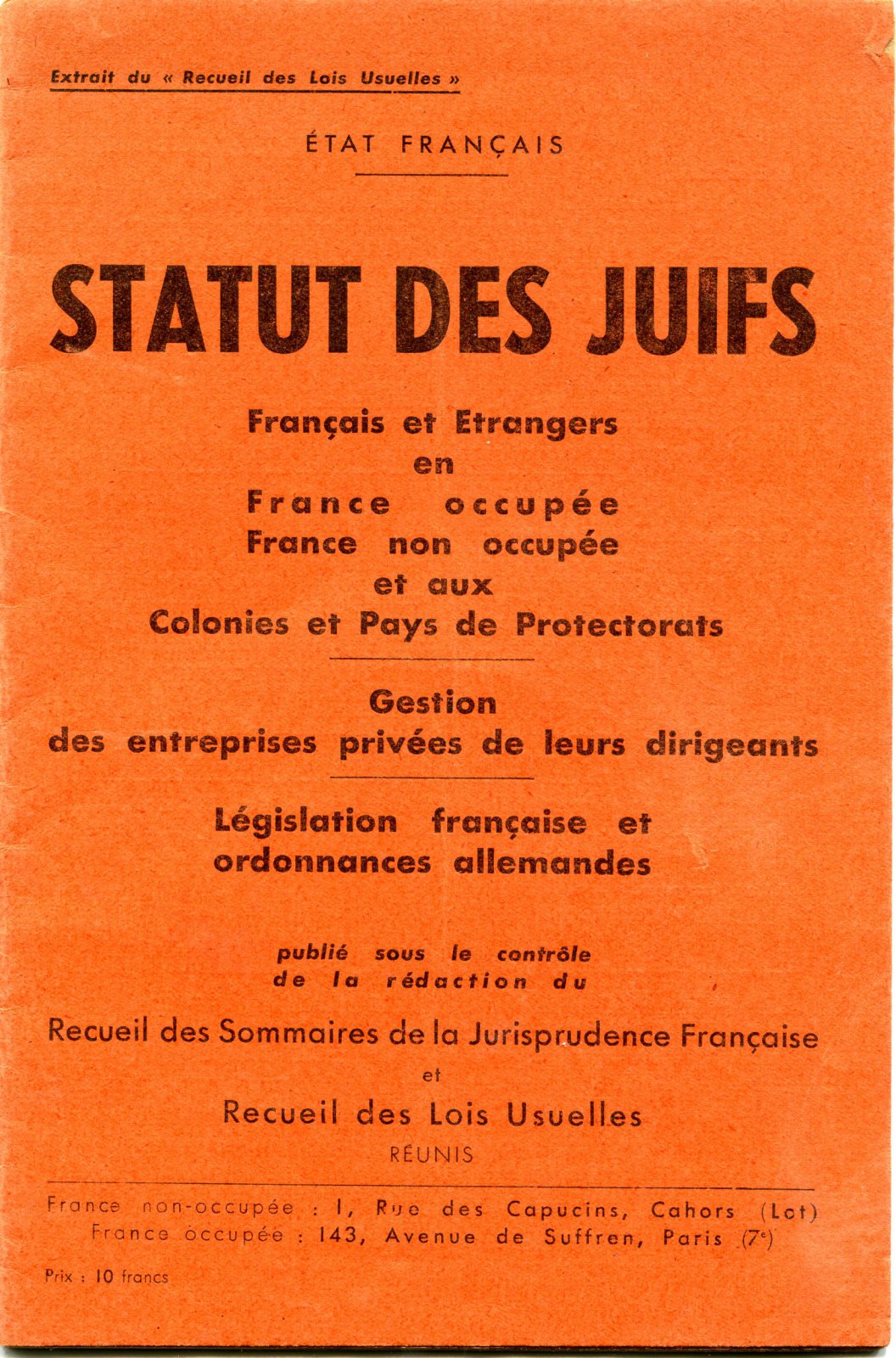 Scan original de Statut des Juifs - Page de couverture