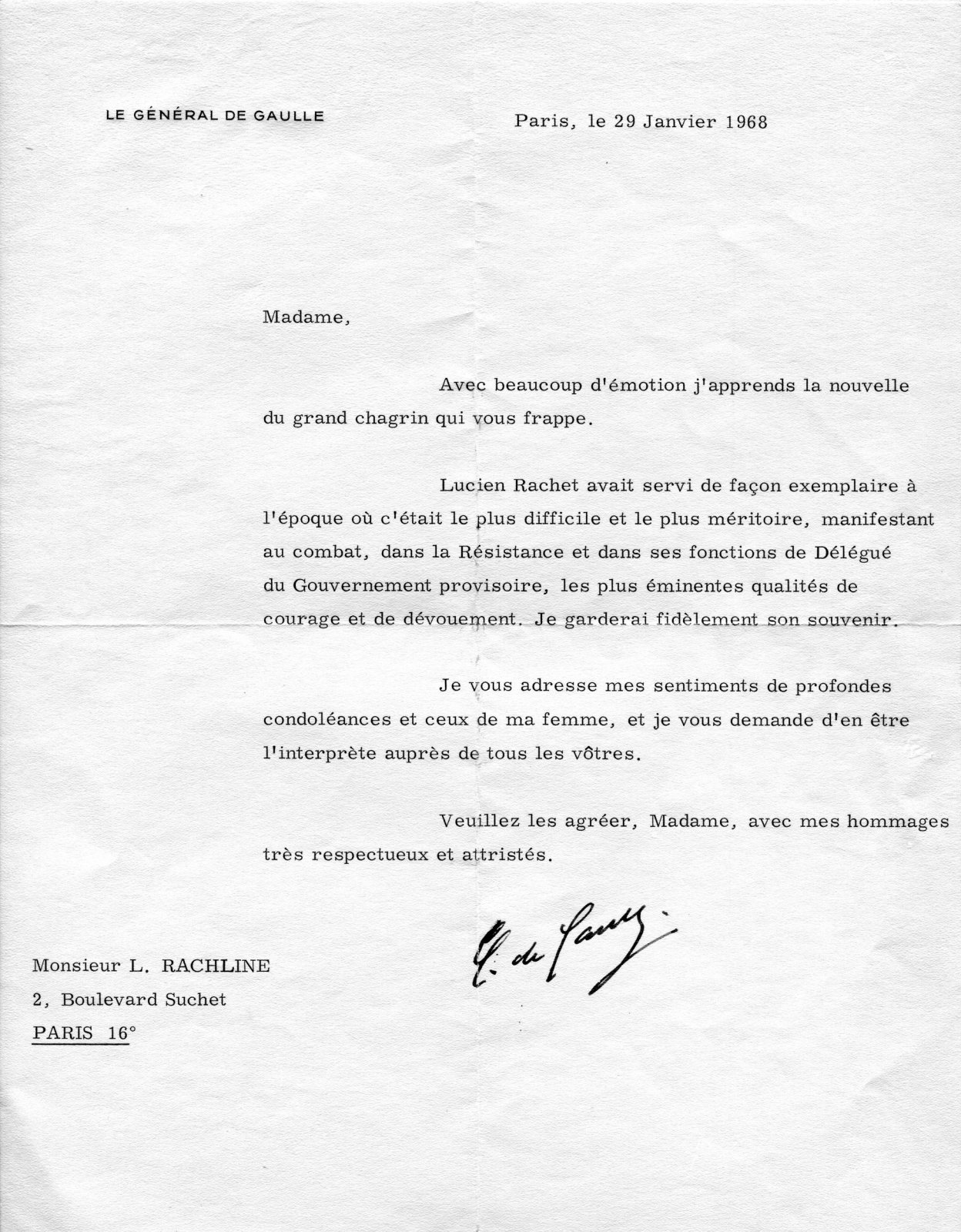 Scan original de Lettre du général de Gaulle à Suzanne Rachline